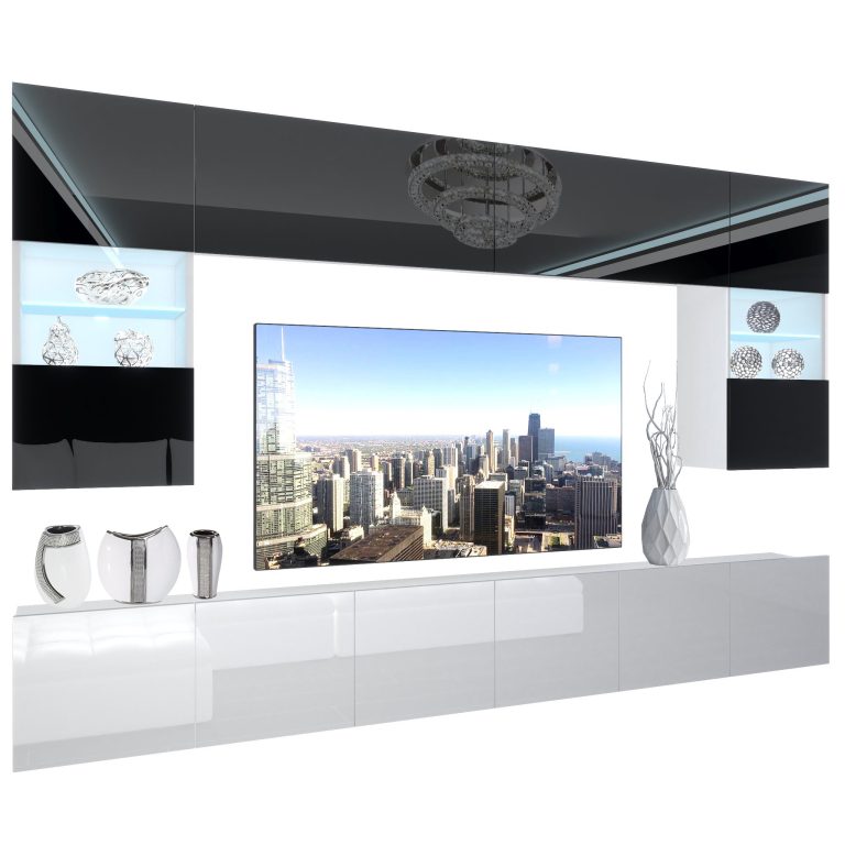 Mobila sufragerie Belini Premium Full Version negru lucios / alb lucios + iluminare LED NEX 1/0/W/BW/0/0/PP