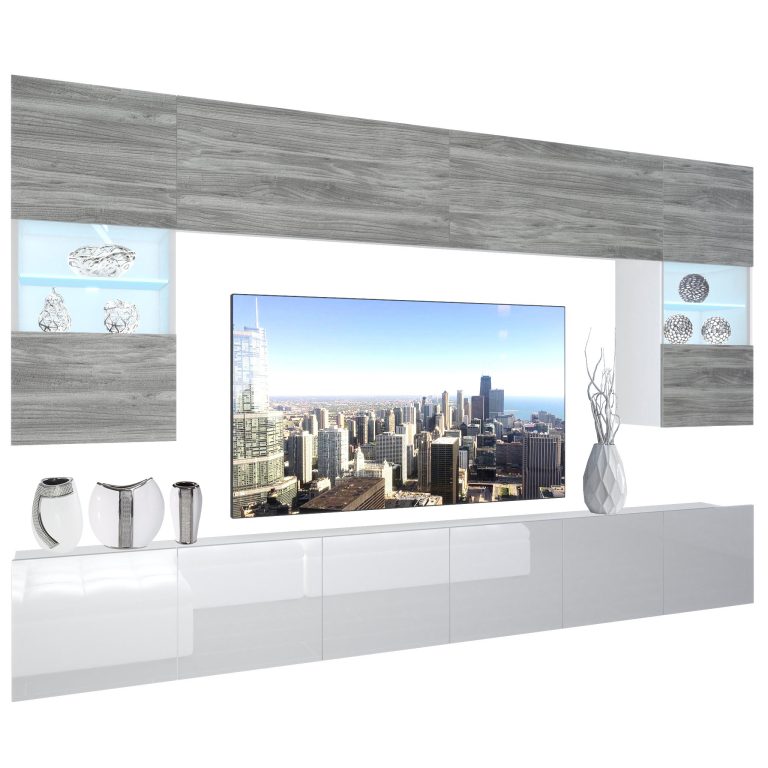 Mobila sufragerie Belini Premium Full Version gri antracit Glamour Wood / alb lucios + iluminare LED NEX 1/0/W/GW1W/0/0/PP