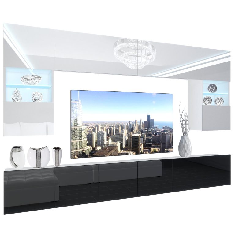 Mobila sufragerie Belini Premium Full Version alb lucios / negru luciu + iluminare LED NEX 1/0/W/WB/0/0/PP