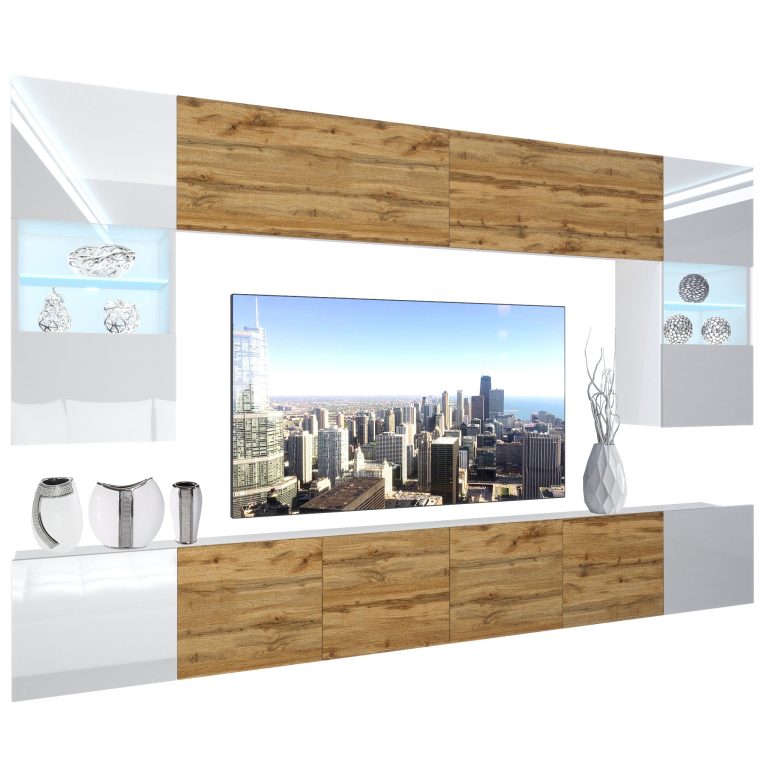Set mobila sufragerie Belini Premium Full Version alb lucios / stejar wotan + iluminare LED NEX 1/0/W/WDWWDW/0/0/PP