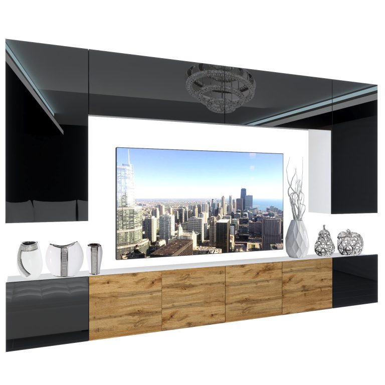 Set mobila sufragerie Belini Premium Full Version negru lucios / stejar wotan + iluminare LED NEX 2/0/W/BBDW/0/0/PP