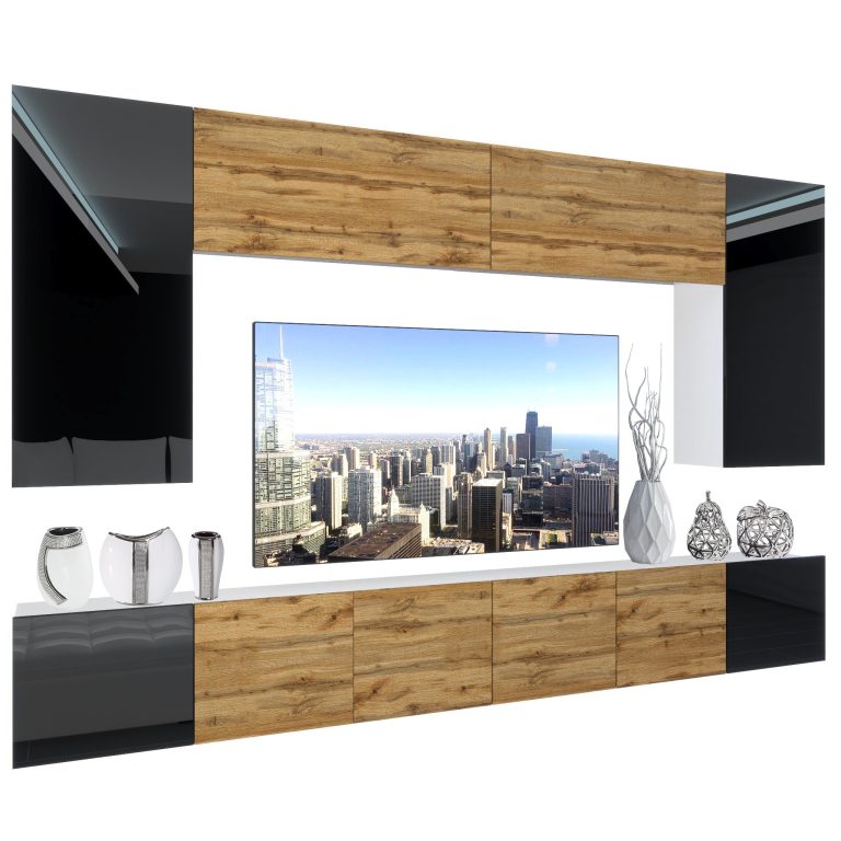 Set mobila sufragerie Belini Premium Full Version negru lucios / stejar wotan + iluminare LED NEX 2/0/W/BDWBDW/0/0/PP