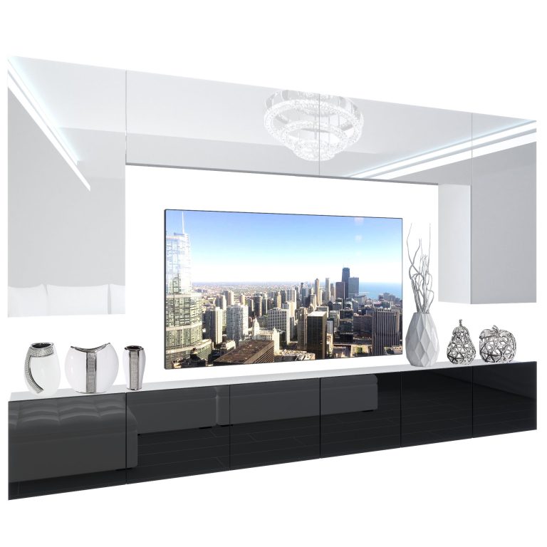 Mobila sufragerie Belini Premium Full Version alb lucios / negru luciu + iluminare LED NEX 2/0/W/WB/0/0/PP