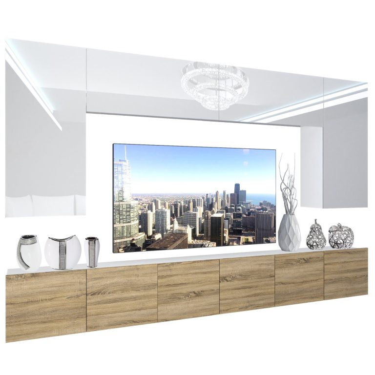 Mobila sufragerie  Belini Premium Full Version alb lucios / stejar sonoma + iluminare LED NEX 2/0/W/WDS/0/0/PP