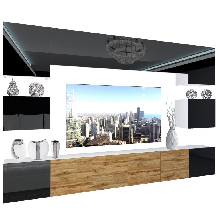 Set mobila sufragerie Belini Premium Full Version negru lucios / stejar wotan + iluminare LED NEX 3/0/W/BBBDW/0/0/PP
