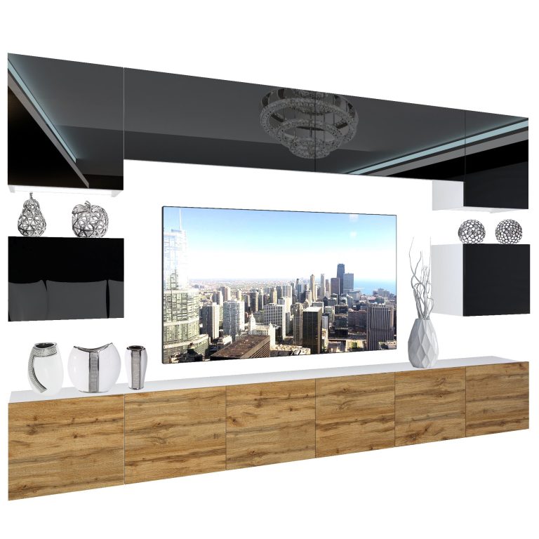 Set mobila sufragerie Belini Premium Full Version negru lucios / stejar wotan + iluminare LED NEX 3/0/W/BDW/0/0/PP
