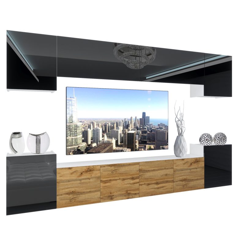Set mobila sufragerie Belini Premium Full Version negru lucios / stejar wotan + iluminare LED NEX 4/0/W/BBBDW/0/0/PP
 
