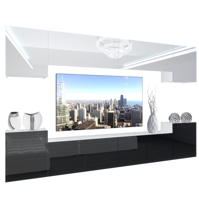 Mobila sufragerie Belini Premium Full Version alb lucios / negru luciu + iluminare LED NEX 4/0/W/WB/0/0/PP