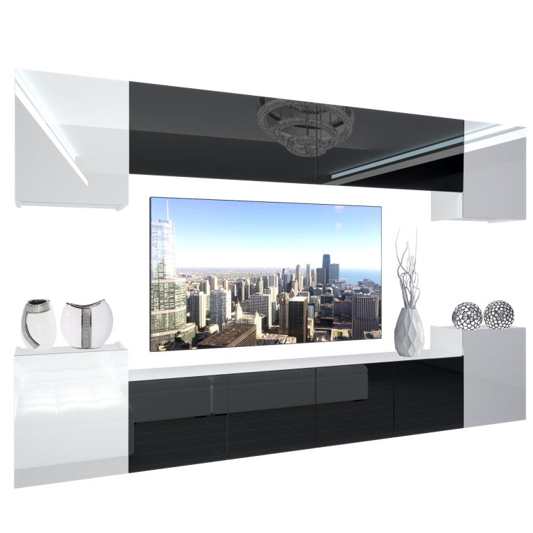 Mobila sufragerie  Belini Premium Full Version alb lucios / negru luciu + iluminare LED  NEX 4/0/W/WBWB/0/0/PP