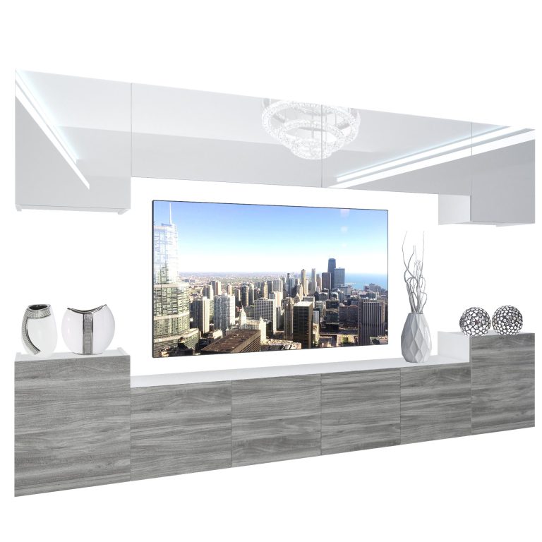 Mobila sufragerie Belini Premium Full Versionalb lucios / gri antracit Glamour Wood + iluminare LED Nexum 58