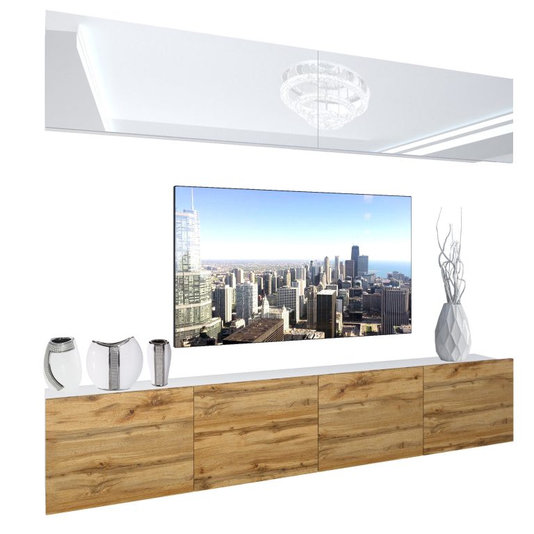 Set mobila sufragerie Belini Premium Full Version alb lucios / stejar wotan + iluminare LED
