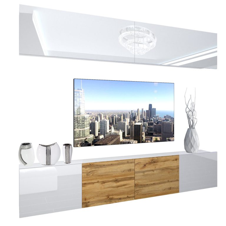 Set mobila sufragerie Belini Premium Full Version alb lucios / stejar wotan + iluminare LED NEX 6/0/W/WWDW/0/0/PP