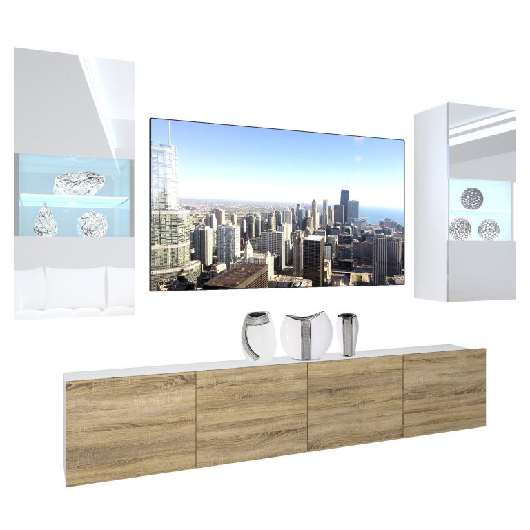 Mobila sufragerie Belini Premium Full Version alb lucios / stejar sonoma + iluminare LED NEX 7/0/W/WDS/0/0/PP

