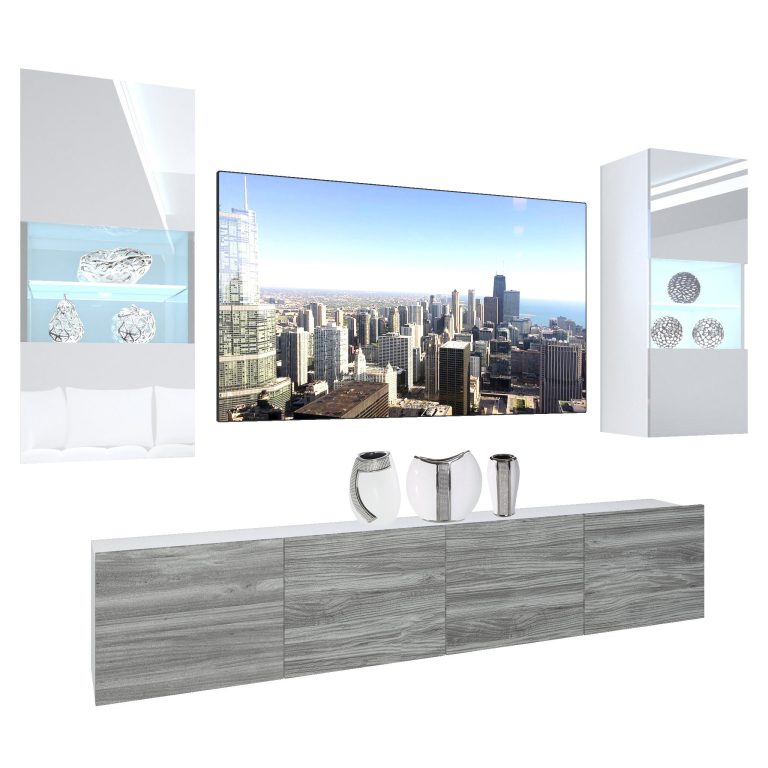 Mobila sufragerie Belini Premium Full Version alb lucios / gri antracit Glamour Wood + iluminare LED NEX 7/0/W/WGW1/0/0/PP