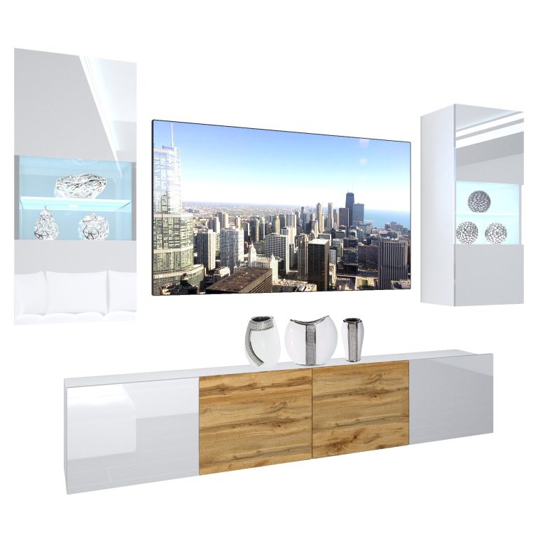 Mobila sufragerie Belini Premium Full Version alb lucios / stejar wotan + iluminare LED  NEX 7/0/W/WWDW/0/0/ PP