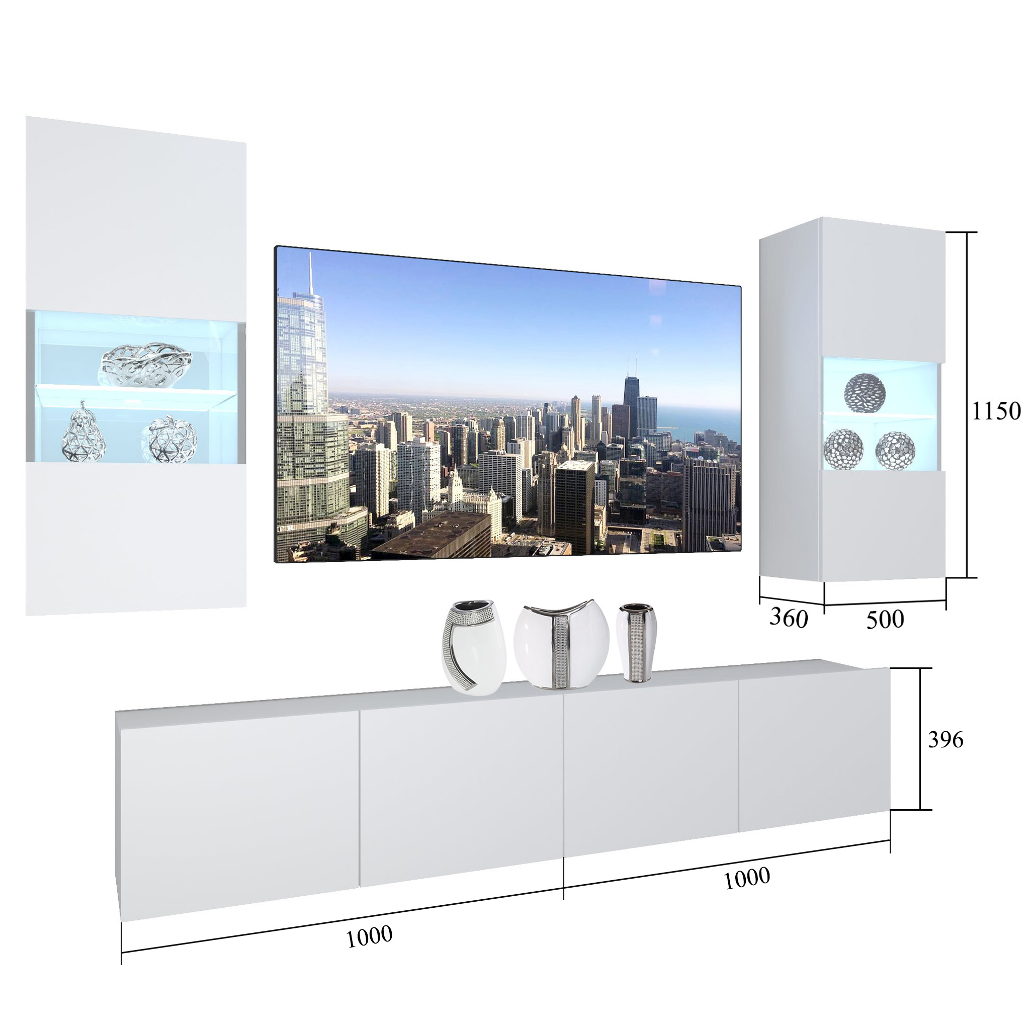 Set mobila sufragerie Belini Premium Full Version alb lucios / stejar wotan + iluminare LED  NEX 7/0/W/WDW/0/0/PP