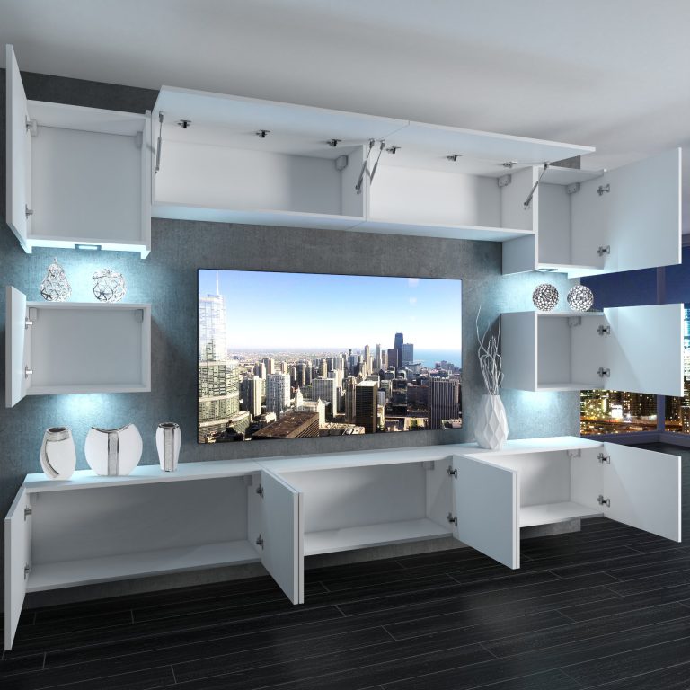 Set mobila sufragerie Belini Premium Full Version alb lucios / stejar wotan + iluminare LED NEX 3/0/W/WWWDW/0/0/PP