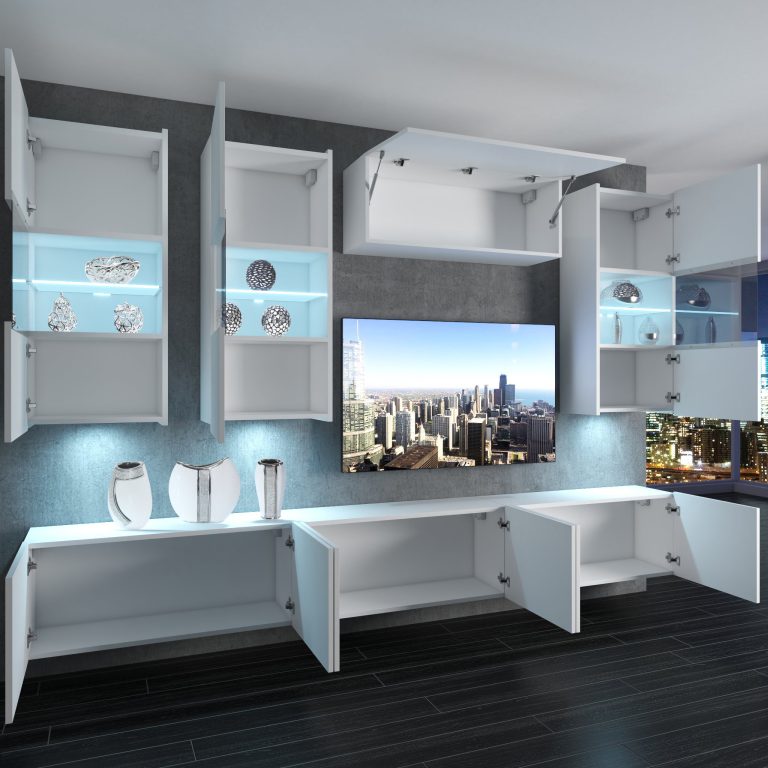 Set mobila sufragerie Belini Premium Full Version negru lucios / stejar wotan + iluminare LED NEX 5/0/W/BDW/0/0/PP