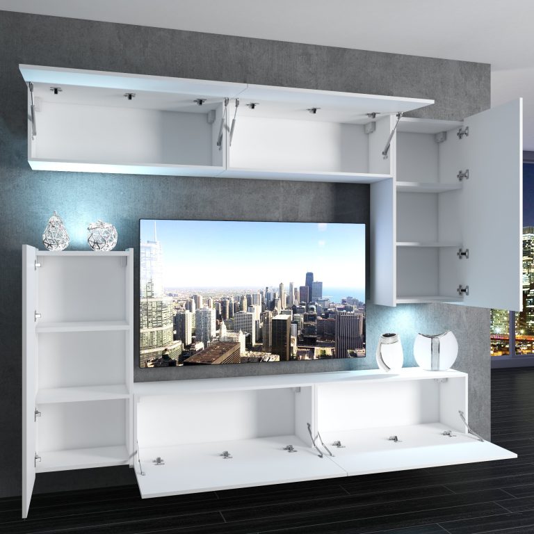 Mobila sufragerie Belini Premium Full Version alb lucios + iluminare LED NEX 8/0/W/W/0/0/PP
