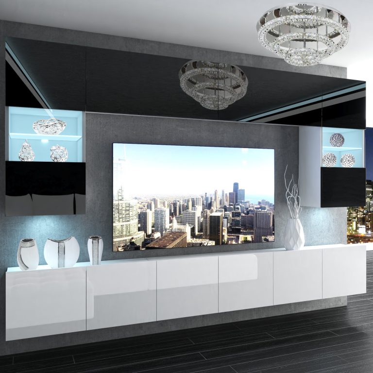 Mobila sufragerie Belini Premium Full Version negru lucios / alb lucios + iluminare LED NEX 1/0/W/BW/0/0/PP