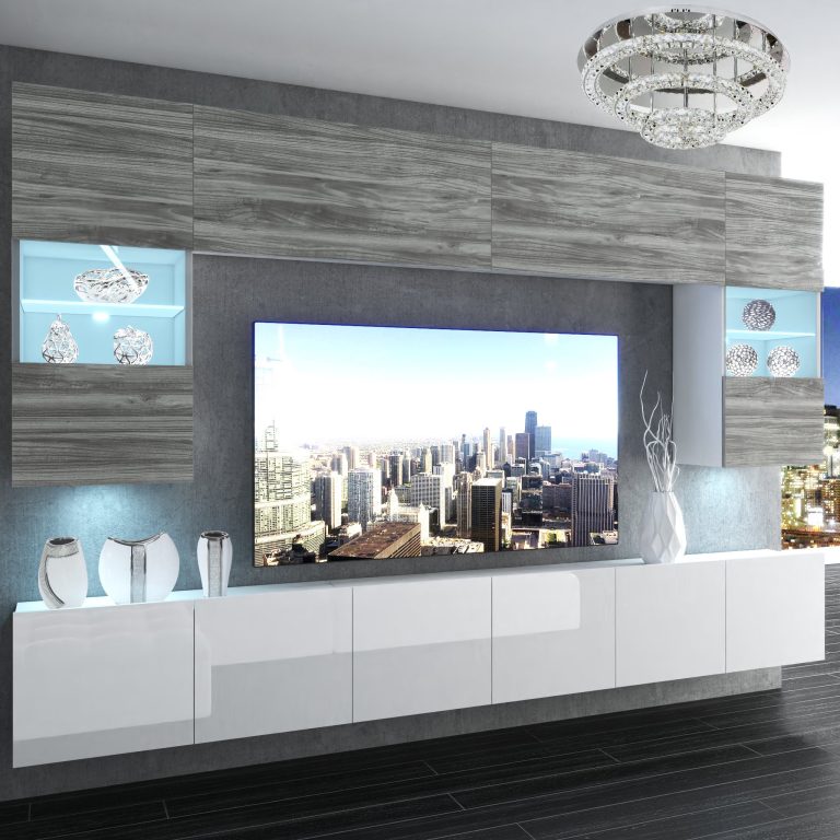 Mobila sufragerie Belini Premium Full Version gri antracit Glamour Wood / alb lucios + iluminare LED NEX 1/0/W/GW1W/0/0/PP