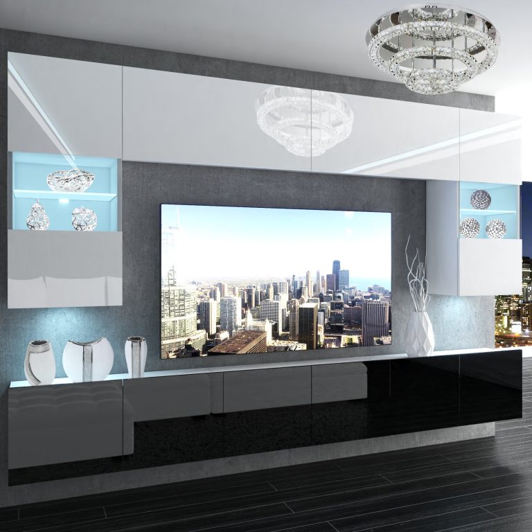 Mobila sufragerie Belini Premium Full Version alb lucios / negru luciu + iluminare LED NEX 1/0/W/WB/0/0/PP