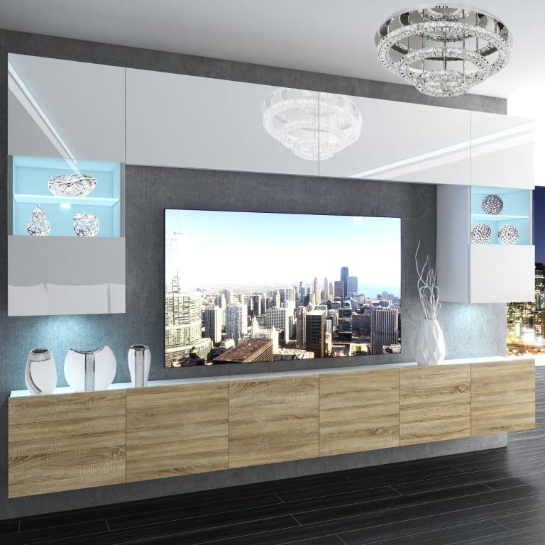 Mobila sufragerie Belini Premium Full Version alb lucios / stejar wotan + iluminare LED NEX 1/0/W/WDS/0/0/PP