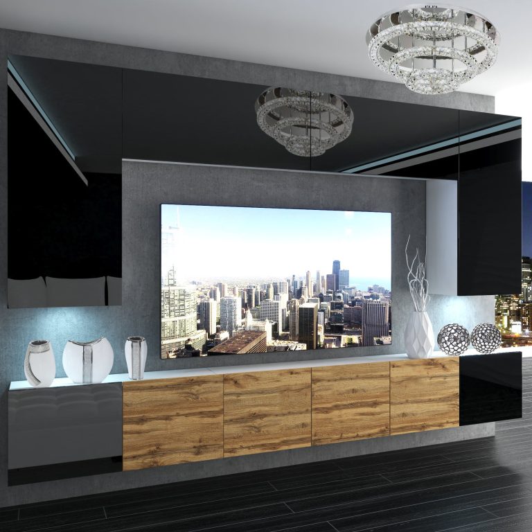 Set mobila sufragerie Belini Premium Full Version negru lucios / stejar wotan + iluminare LED NEX 2/0/W/BBDW/0/0/PP