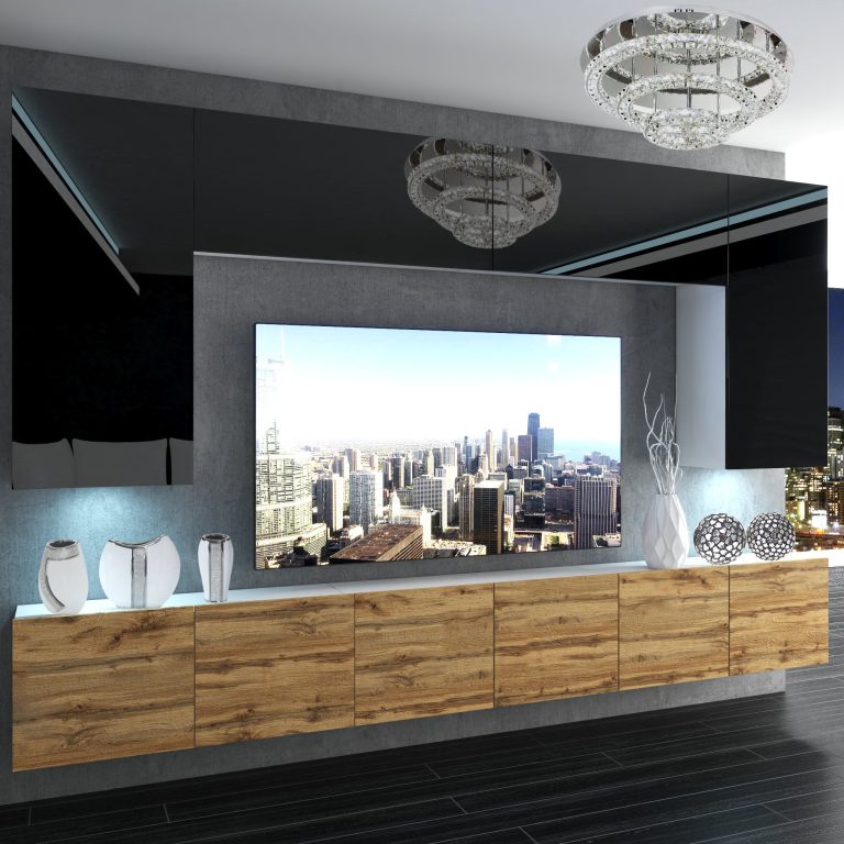 Mobila sufragerie Belini Premium Full Version negru lucios / stejar wotan + iluminare LED NEX 2/0/W/BDW/0/0/ PP