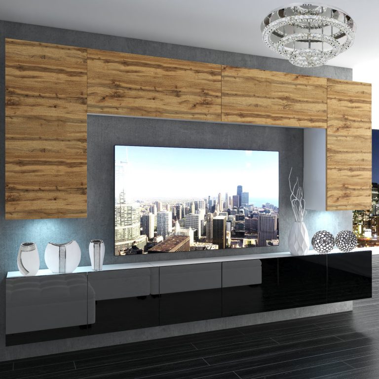 Set mobila  sufragerie Belini Premium Full Version stejar wotan / negru lucios + iluminare LED NEX 2/0/W/DWB/0/0/PP