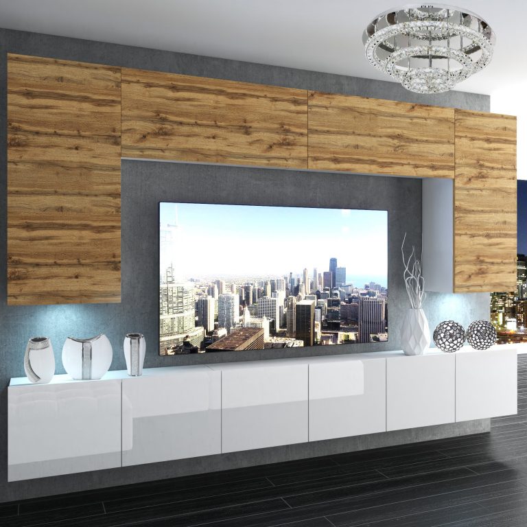 Set mobila sufragerie Belini Premium Full Version stejar wotan / alb lucios + iluminare LED NEX 2/0/W/DWW/0/0/PP