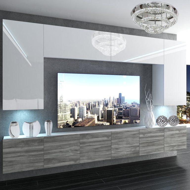 Mobila sufragerie  Belini Premium Full Version alb lucios / gri antracit Glamour Wood + iluminare LED NEX 2/0/W/WGW1/0/0/PP