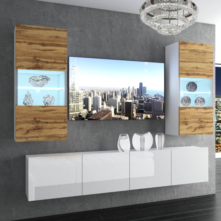Set mobila sufragerie Belini Premium Full Version stejar wotan / alb lucios + iluminare LED NEX 7/0/W/DWW/0/0/PP