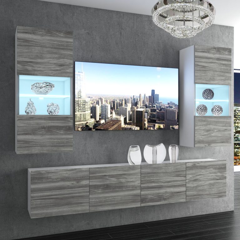 Mobila sufragerie Belini Premium Full Version gri antracit Glamour Wood + iluminare LED NEX 7/0/W/GW1/0/0/PP
