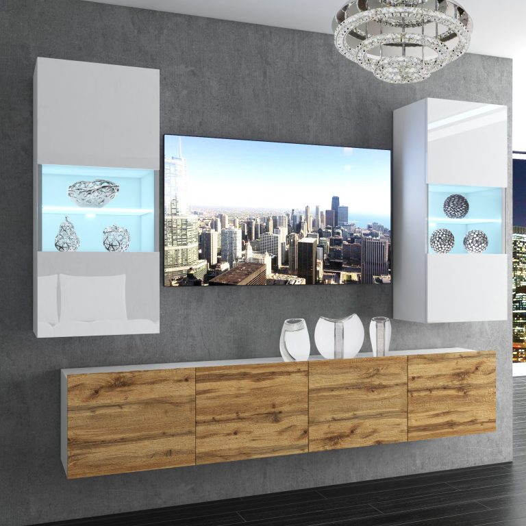 Set mobila sufragerie Belini Premium Full Version alb lucios / stejar wotan + iluminare LED  NEX 7/0/W/WDW/0/0/PP