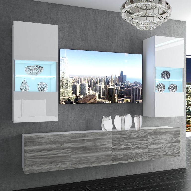 Mobila sufragerie Belini Premium Full Version alb lucios / gri antracit Glamour Wood + iluminare LED NEX 7/0/W/WGW1/0/0/PP