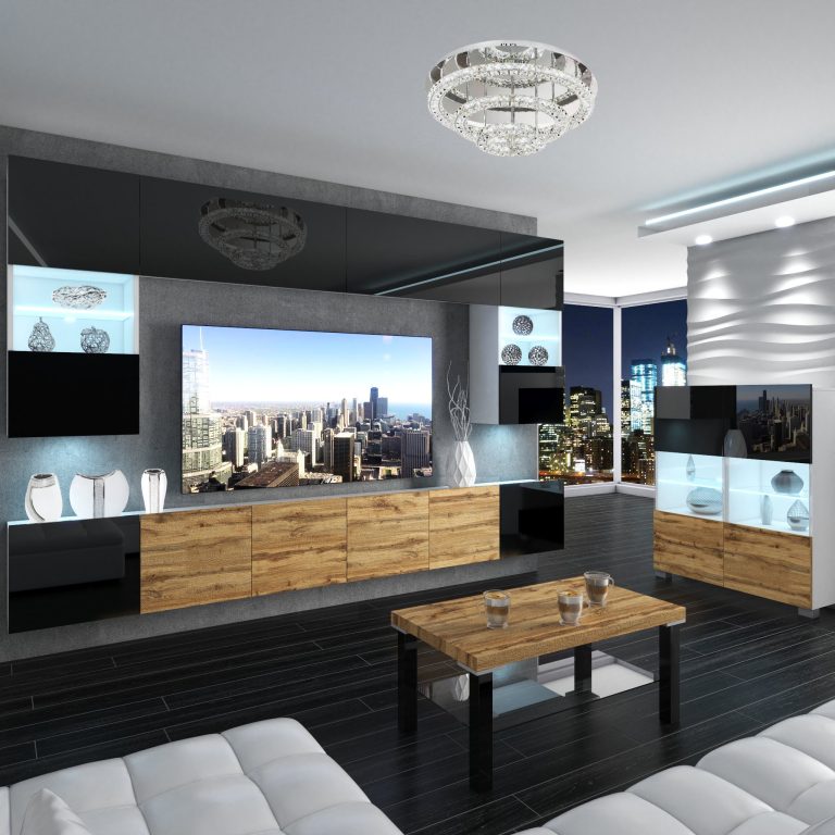 Set mobila sufragerie Belini Premium Full Version negru lucios / stejar wotan + iluminare LED NEX 1/0/W/BBDW/0/0/PP
