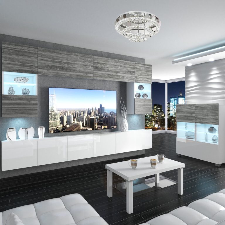 Mobila sufragerie Belini Premium Full Version gri antracit Glamour Wood / alb lucios + iluminare LED NEX 1/0/W/GW1W/0/0/PP