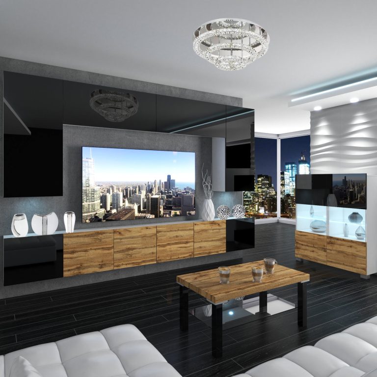 Set mobila sufragerie Belini Premium Full Version negru lucios / stejar wotan + iluminare LED NEX 2/0/W/BBDW/0/0/PP