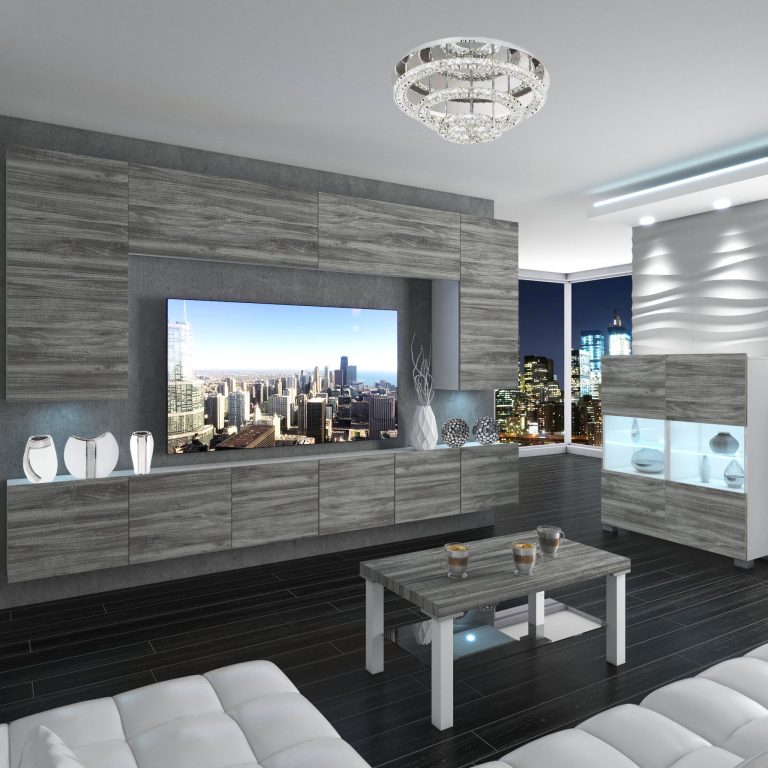 Mobila sufragerie  Belini Premium Full Version gri antracit Glamour Wood + iluminare LED NEX 2/0/W/GW1/0/0/PP