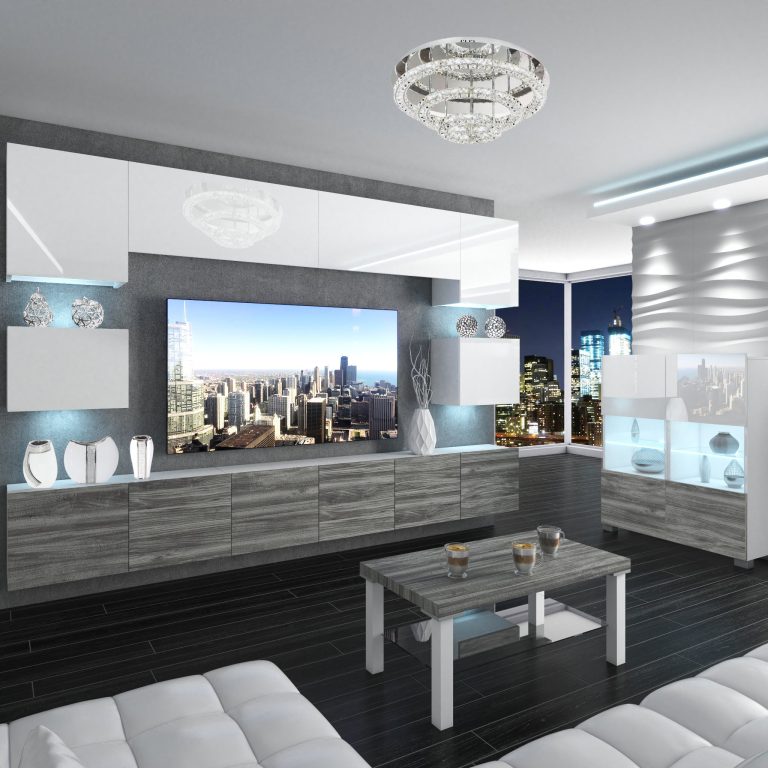 Mobila sufragerie  Belini Premium Full Version alb lucios/ Iluminare LED Glamour Wood+ gri antracit  NEX 3/0/W/WGW1/0/0/PP