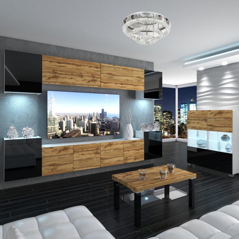 Set mobila sufragerie Belini Premium Full Version negru lucios / stejar wotan + iluminare LED NEX 4/0/W/BDWBDW/0/0/PP