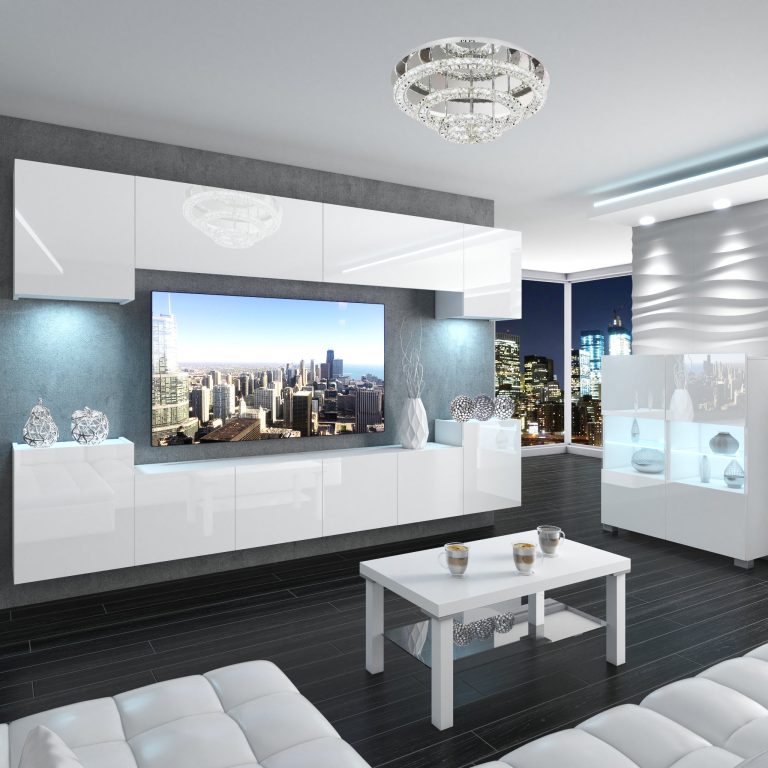 Mobila sufragerie  Belini Premium Full Version alb lucios + iluminare LED  NEX 4/0/W/W/0/0/PP