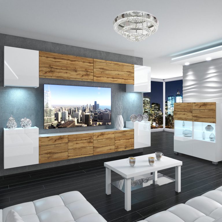 Set mobila sufragerie Belini Premium Full Version alb lucios / stejar wotan + iluminare LED NEX 4/0/W/WDWWDW/0/0/PP
