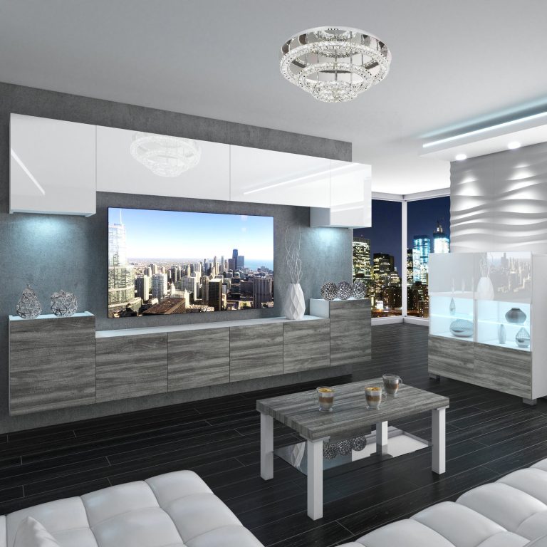Mobila sufragerie Belini Premium Full Versionalb lucios / gri antracit Glamour Wood + iluminare LED Nexum 58