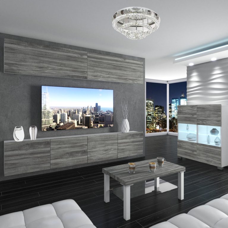 Mobila sufragerie Belini Premium Full Version gri antracit Glamour Wood + iluminare LED NEX 6/0/W/GW1/0/0/PP