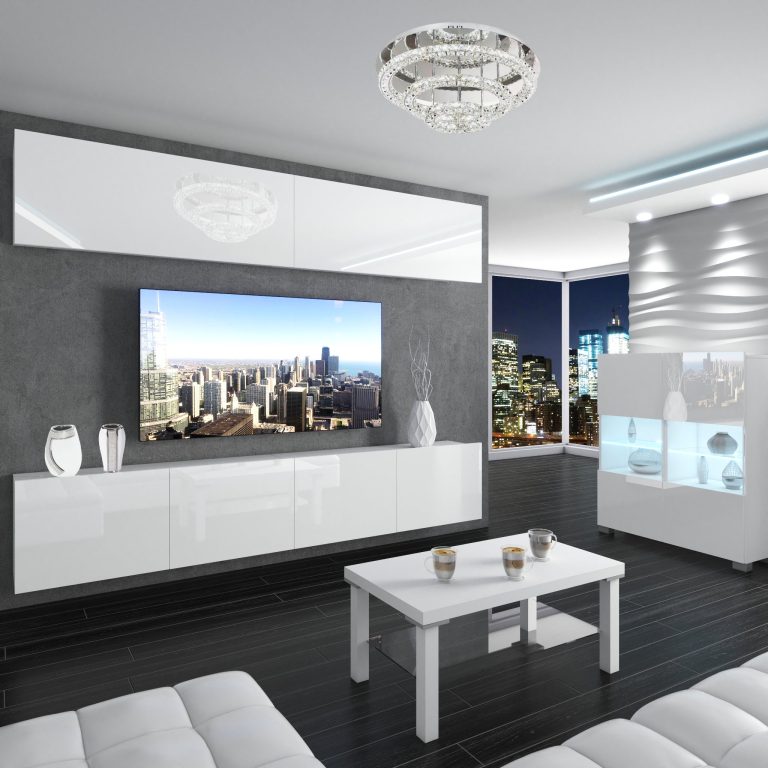 Mobila sufragerie  Belini Premium Full Version alb lucios + iluminare LED NEX 6/0/W/W/0/0/PP