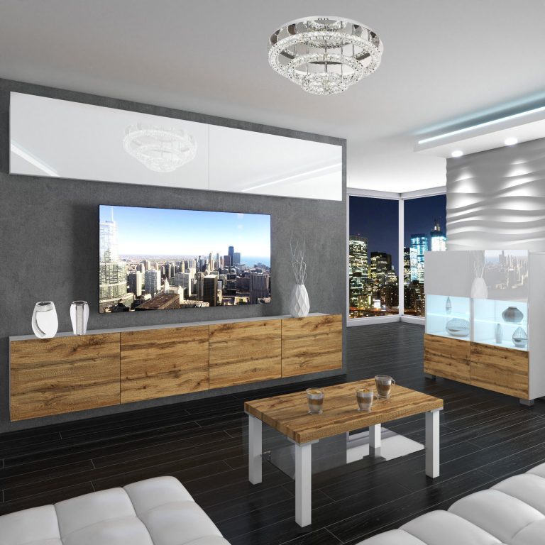 Set mobila sufragerie Belini Premium Full Version alb lucios / stejar wotan + iluminare LED
