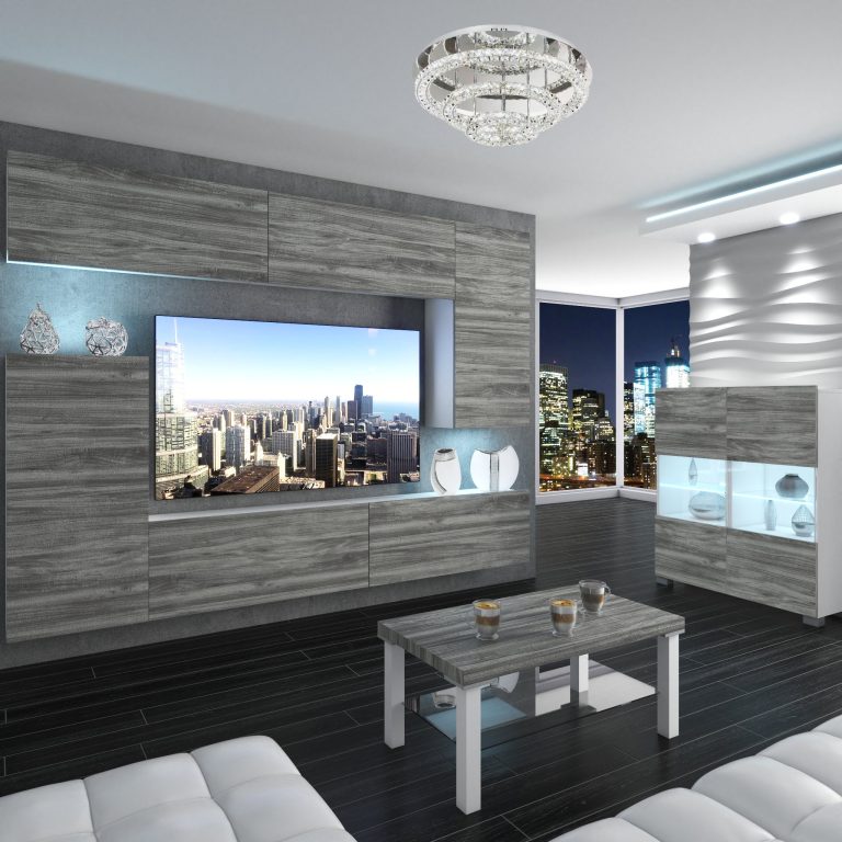 Mobila sufragerie Belini Premium Full Version gri antracit Glamour Wood + iluminare LED NEX 8/0/W/GW1/0/0/PP