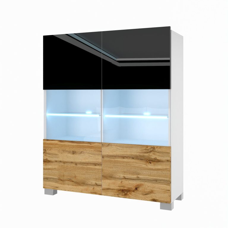 Comodă Belini Premium Full Version negru lucios / stejar wotan + iluminare LED NEX KOM1/1/W/BDW/0/0